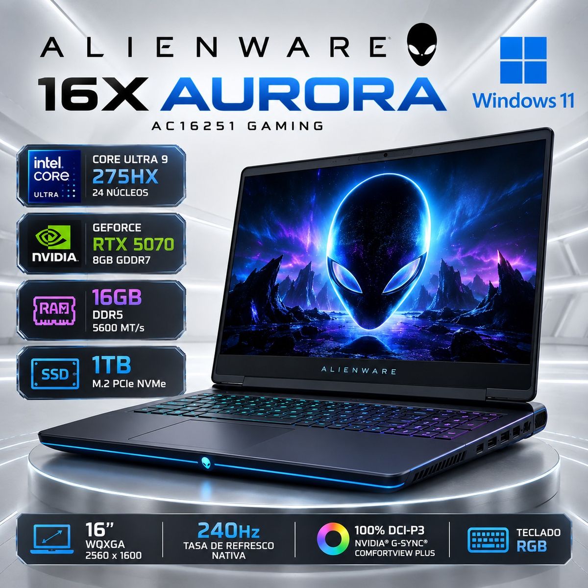 Dell - LAPTOP GAMER DELL ALIENWARE AURORA AC16251 ULTRA 9-275HX 16GB 1TB SSD GEFORCE RTX 5070 8GB 16" WQXGA