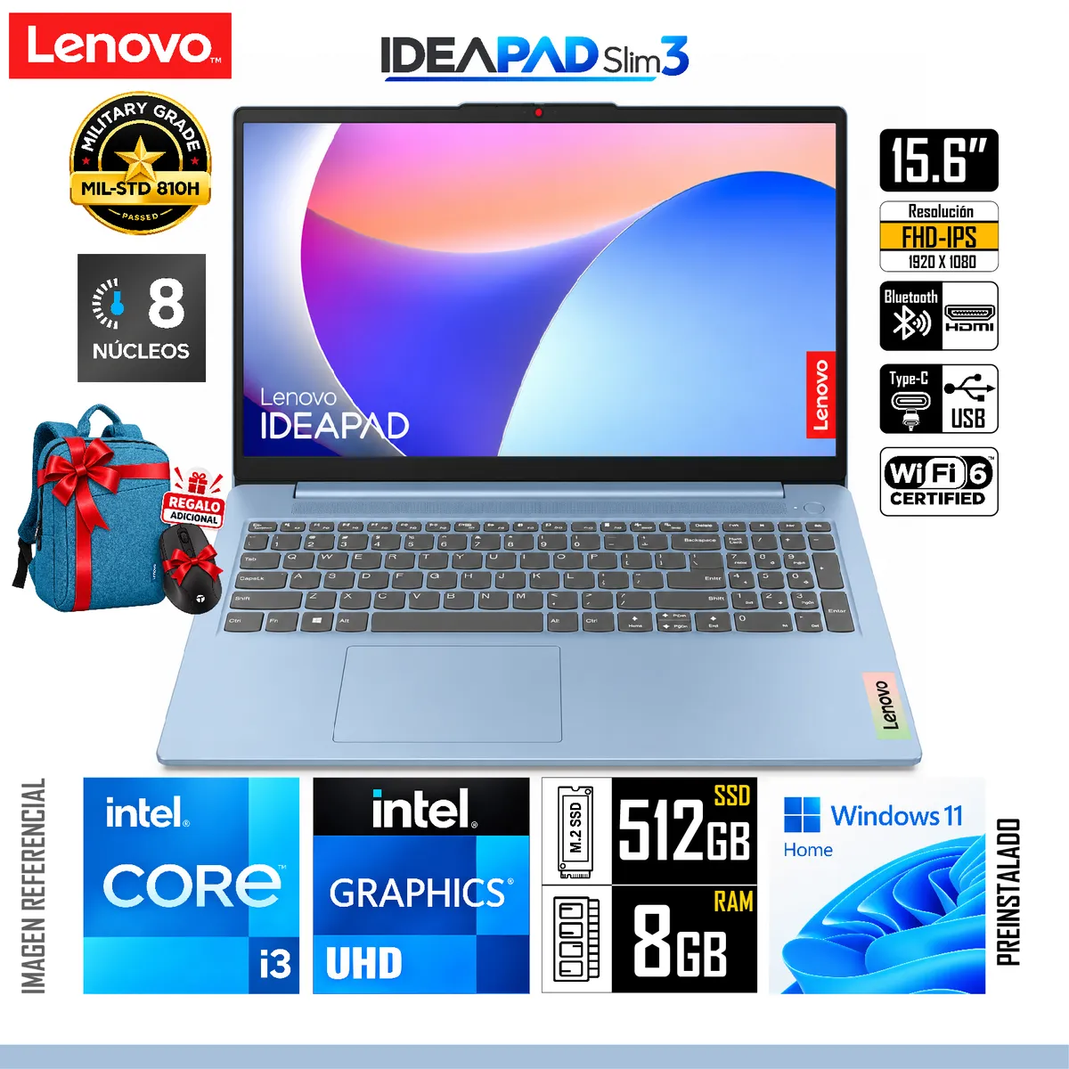 LENOVO - Laptop Lenovo IdeaPad Slim 3 Core i3-N305 8GB RAM 512GB SSD 15.6" Full HD + Mochila y Mouse