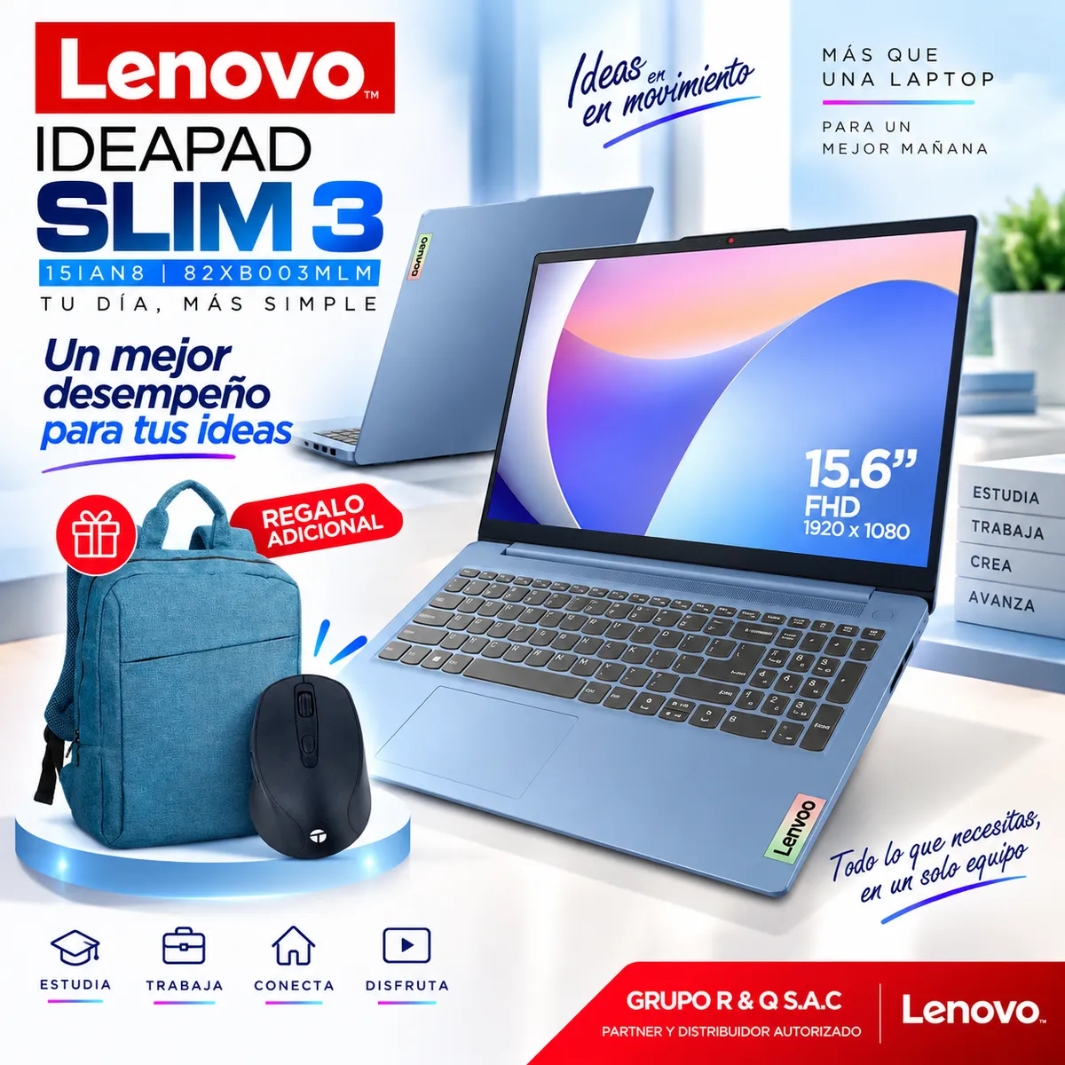 LENOVO - Laptop Lenovo IdeaPad Slim 3 Core i3-N305 8GB RAM 512GB SSD 15.6" Full HD + Mochila y Mouse
