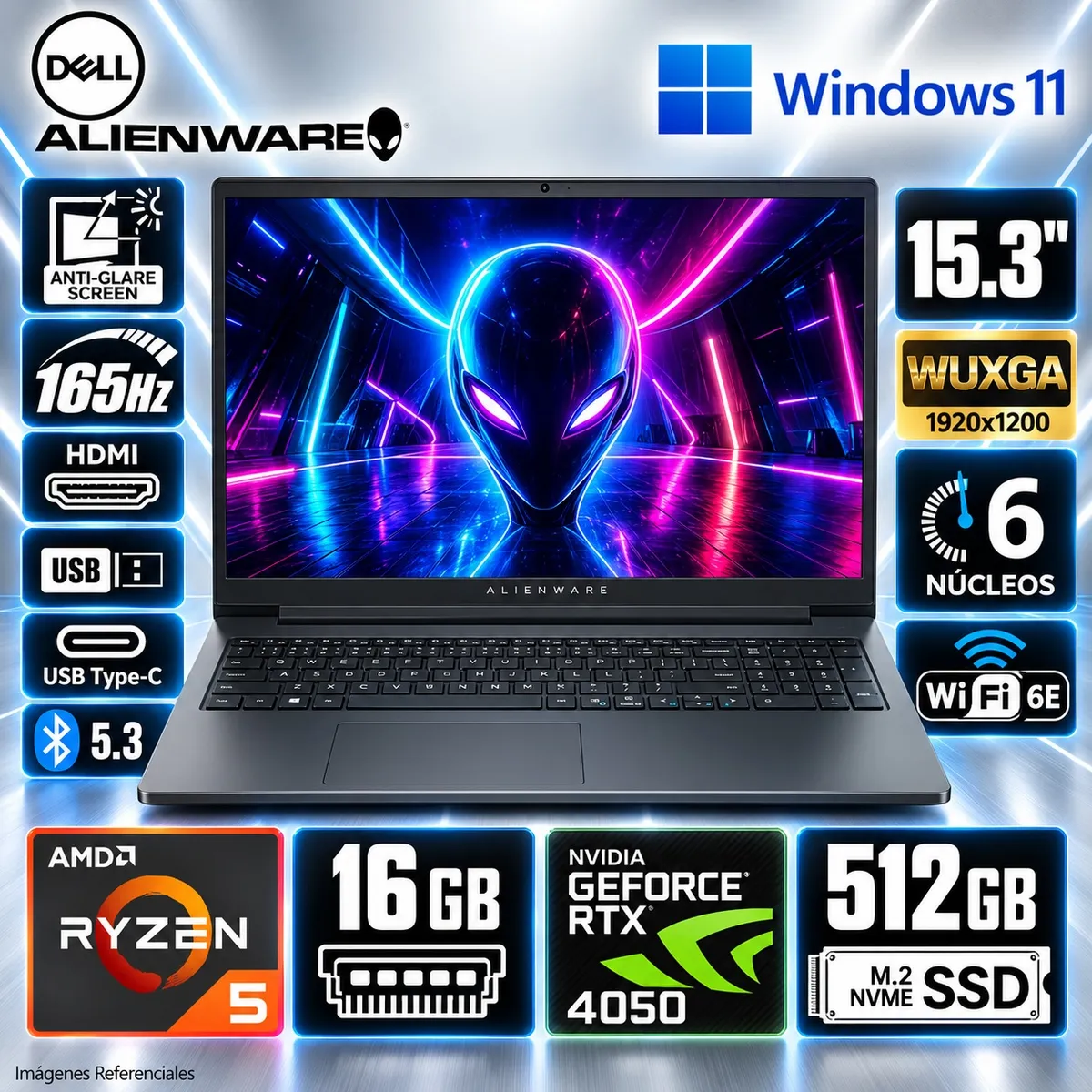 Dell - LAPTOP DELL ALIENWARE 15 GAMING RYZEN 5 512GB 16GB DDR5 15.3 WUXGA RTX 4050 6GB WIN 11 LDA15265-