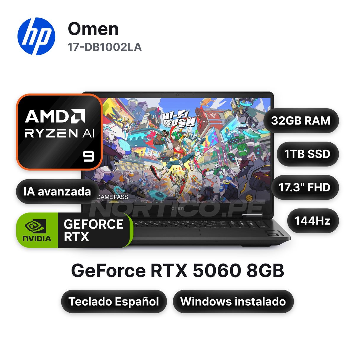 HP - Laptop HP Omen 17-DB1002LARyzenAI 9 365 32GB 1TB SSD RTX 5060 17.3" (CW4G9LA#ABM)