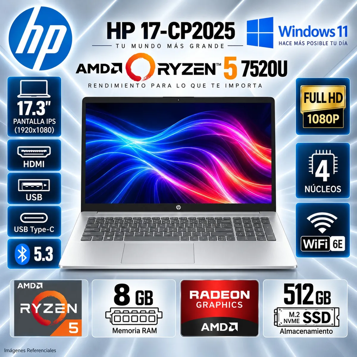 HP - LAPTOP  HP 17-CP2025 SILVER RYZEN 5 7520U 17.3 PULG FHD 8GB  512GB