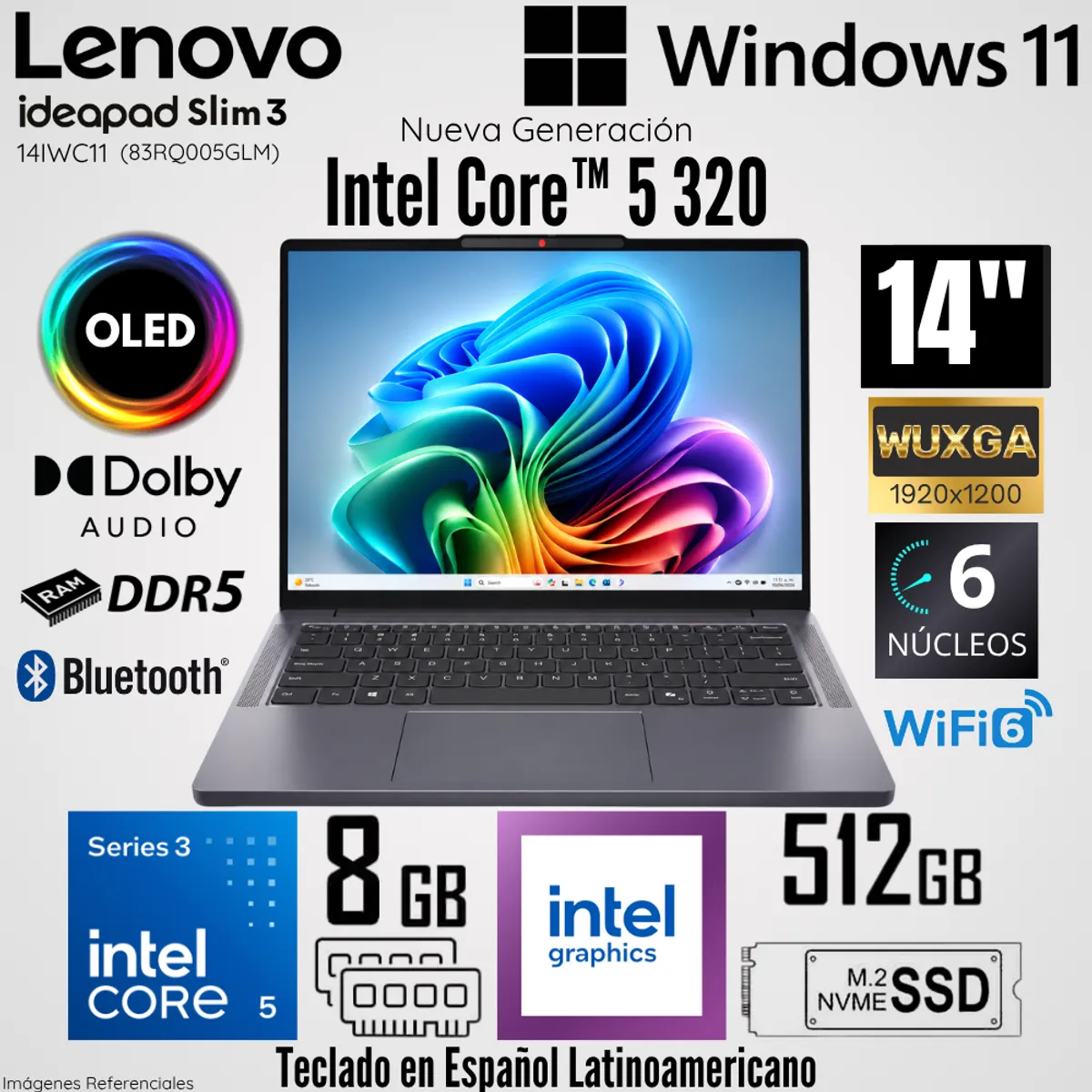LENOVO - Laptop IdeaPad Slim 3 14IWC11 Intel Core 5 320 8GB RAM 512GB SSD 14"  OLED WUXGA - Luna Grey