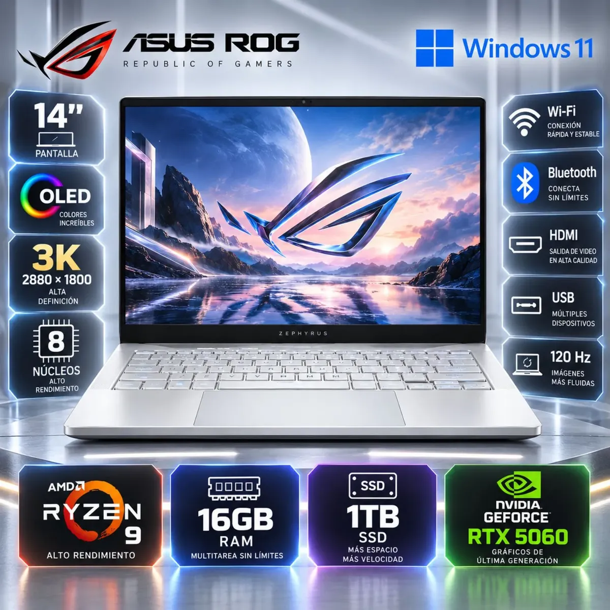 ASUS - Laptop ASUS ROG ZEPHYRUS G14 AMD Ryzen 9 270 16GB RAM 1TB RTX 5060-8GB 14" 3K OLED   GA403UM-G14.R9HX4 