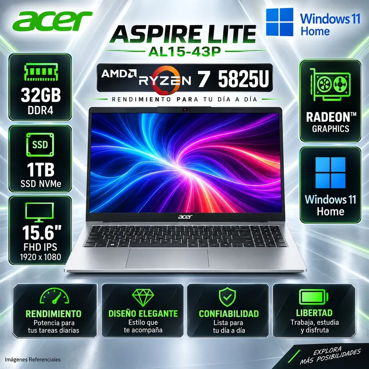 ACER - Laptop Acer Aspire Lite Ryzen 7 5825U 32GB DDR4 1TB SSD 15.6" FHD Windows 11 AL15-43P