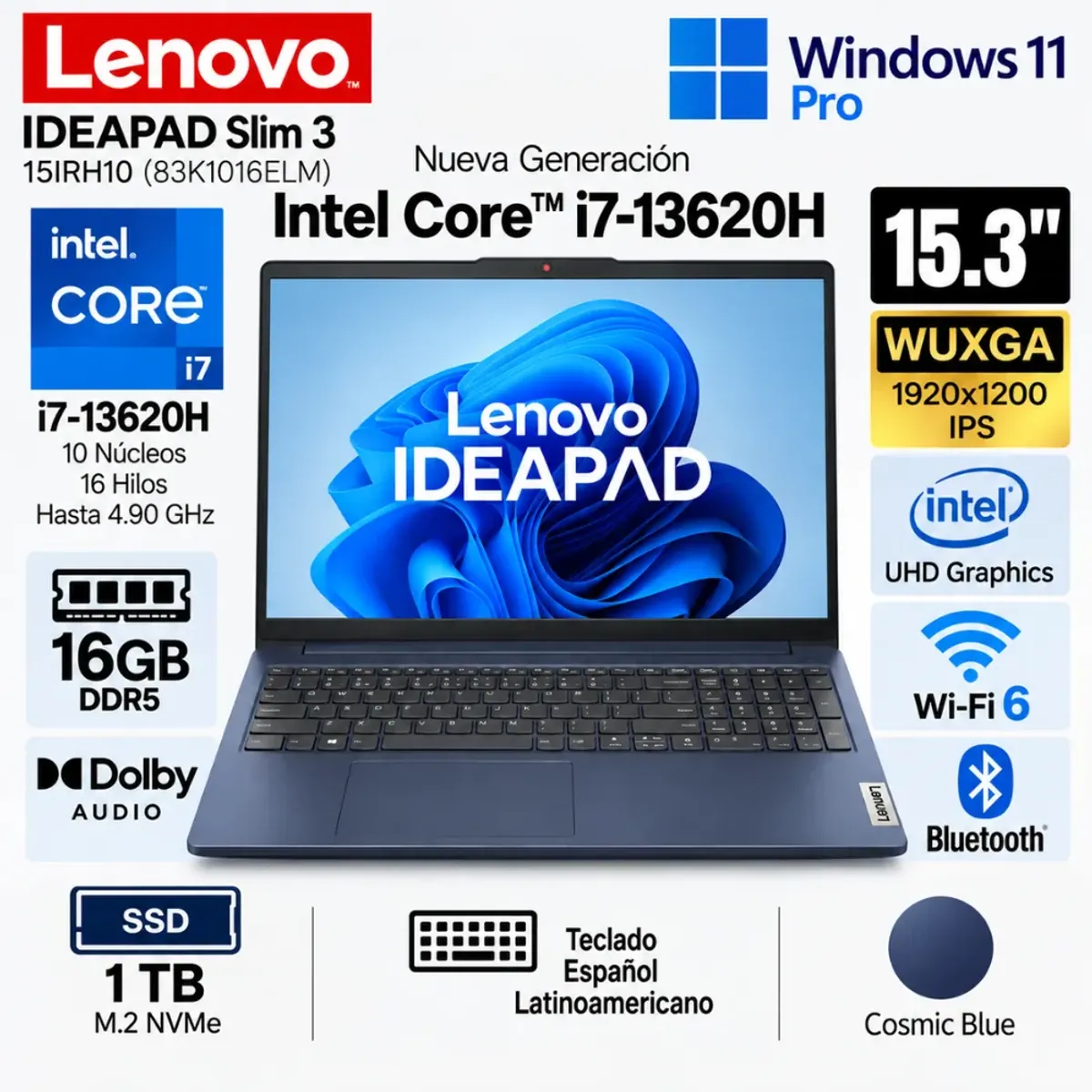 LENOVO - Laptop Lenovo IdeaPad Slim 3 15IRH10 Intel Core i7-13620H 16GB DDR5 1TB SSD 15.3" WUXGA W11 PRO 83K1