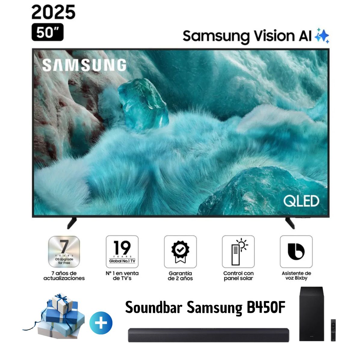 SAMSUNG - Televisor Samsung 50 Pulgadas QLED 4K UHD Smart TV Vision AI QN50Q7FAAG + Soundbar Samsung B450F