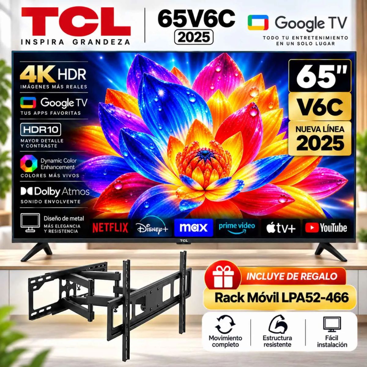 Televisor TCL 65 Pulg LED 4K 65V6C Google TV 2025 + Rack Móvil TCL ...