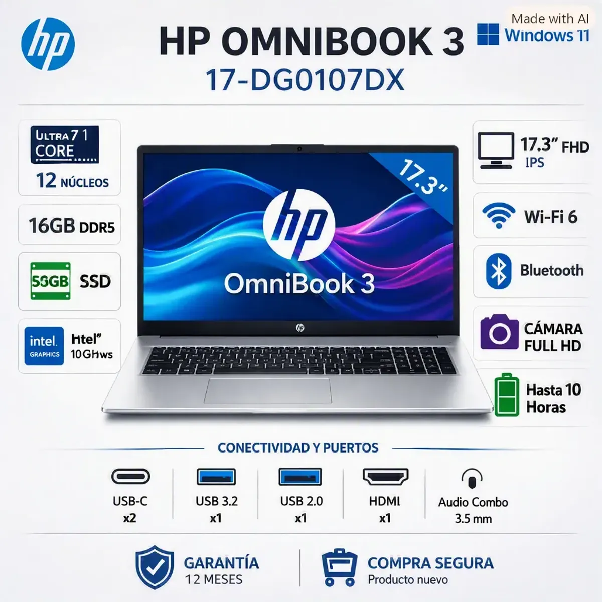 HP - Laptop HP OMNIBOOK 3 17-DG0107DX Intel® Core™ Ultra 7 255U 16GB DDR5 512GB SSD 17.3" FHD Windows 11