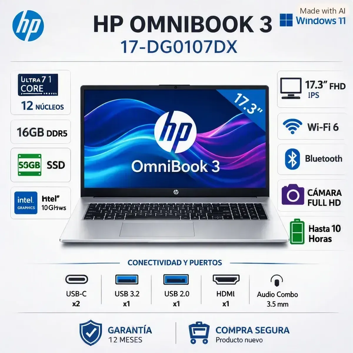 HP - Laptop HP OMNIBOOK 3 17-DG0107DX Intel® Core™ Ultra 7 255U 16GB DDR5 512GB SSD 17.3" FHD Windows 11