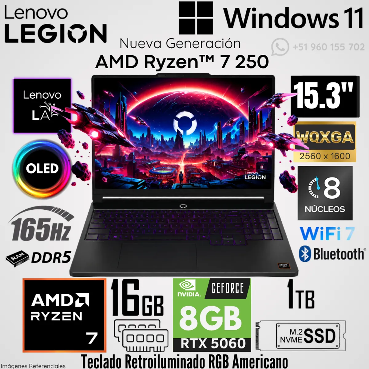 LENOVO - Laptop Lenovo LEGION 5 15AHP11 AMD Ryzen 7 250 16GB RAM 1TB SSD RTX 5060-8GB 15.3"  OLED 165Hz