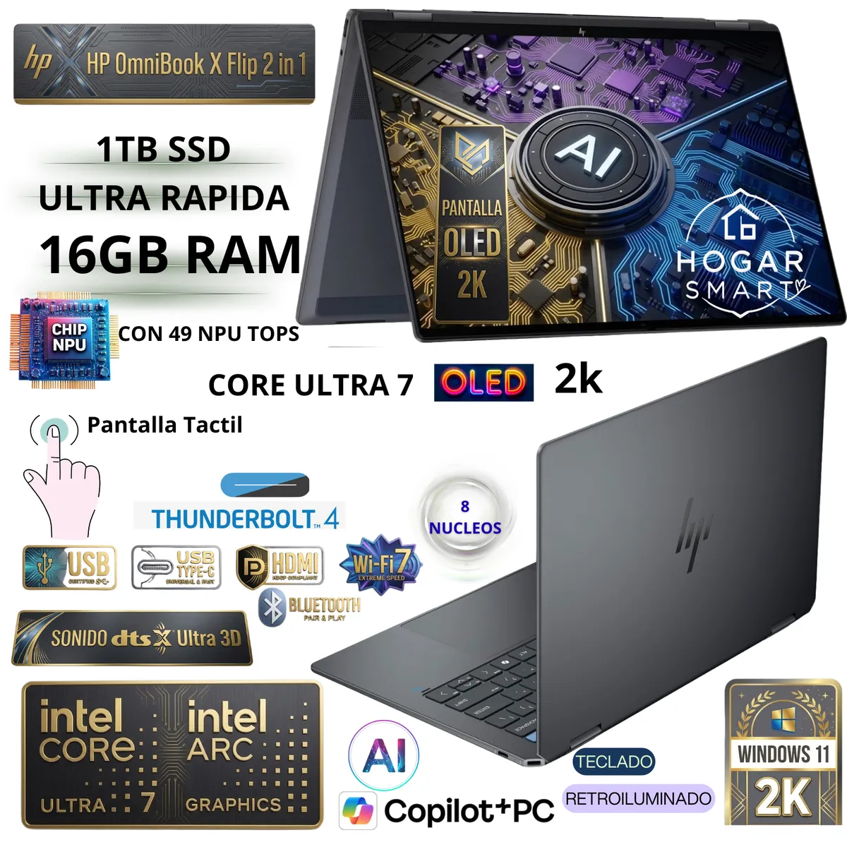 HP - Laptop HP OmniBook X Flip 16” OLED Táctil 2 en 1 Core Ultra 7 355 16GB 1TB SSD Copilot+ Windows 11