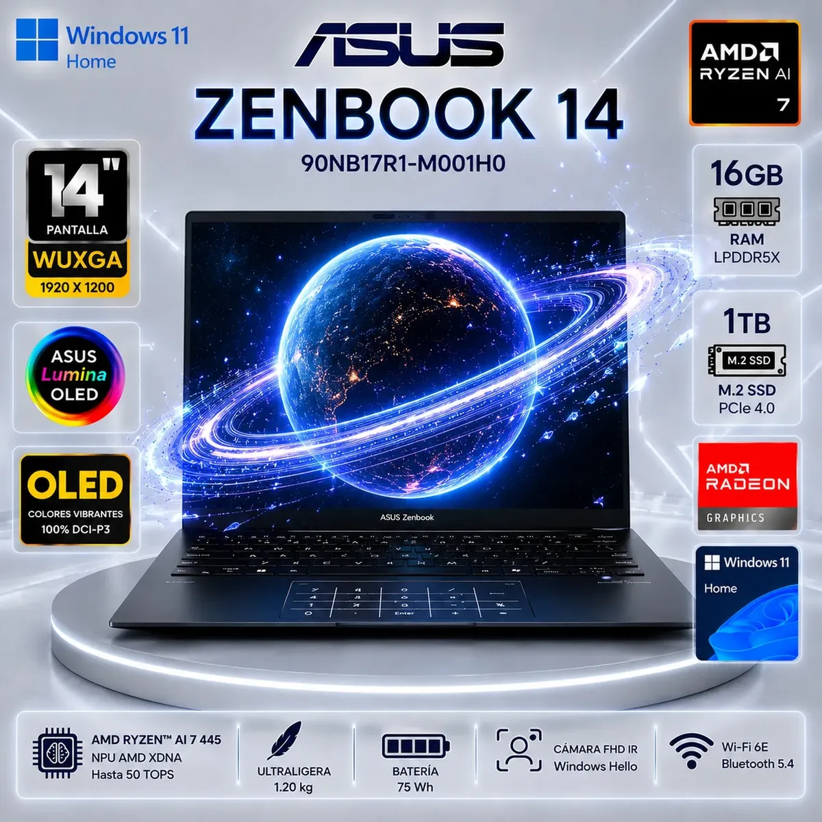 ASUS - Laptop ASUS Zenbook 14 Ryzen AI 7 445 16GB LPDDR5X 1TB SSD 14" OLED WUXGA Win11 90NB17R1-M001H0