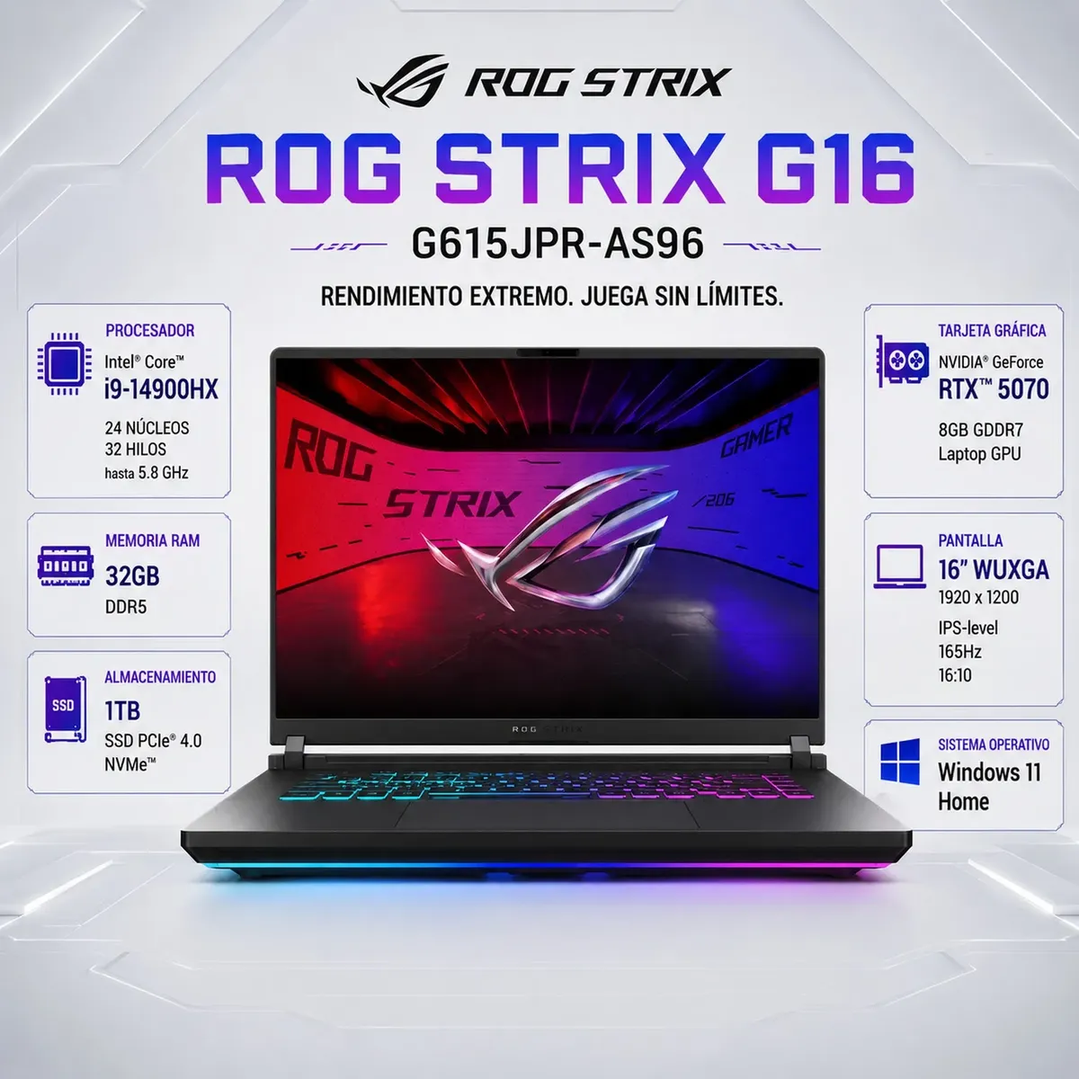 ASUS - Laptop Gamer ASUS ROG Strix G16 i9-14900HX 32GB DDR5 1TB SSD RTX 5070 8GB 16" WUXGA G615JPR-AS96