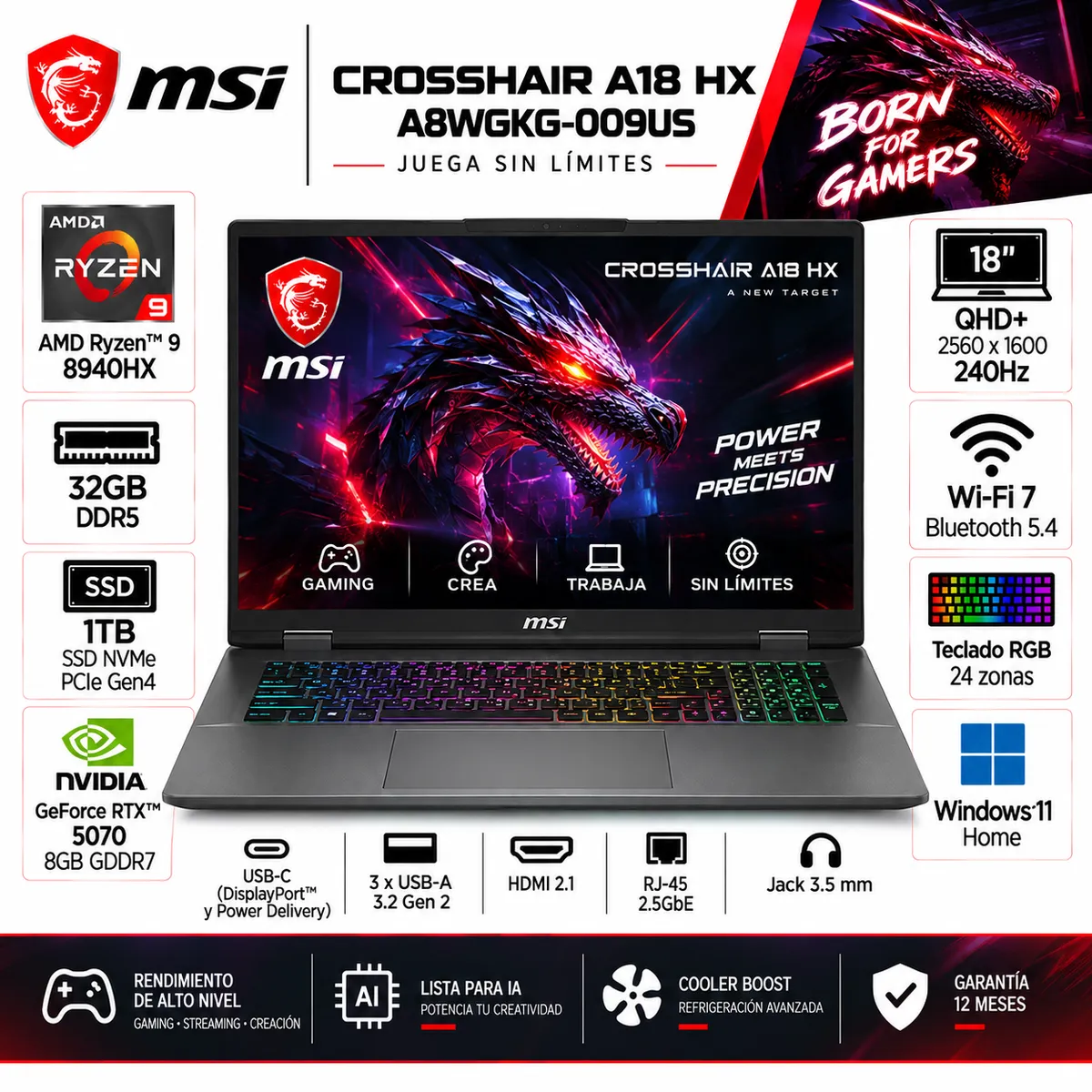 Msi - Laptop MSI Crosshair A18 HX A8WGKG-009US R9 8940HX  32GB DDR5 1TB SSD NVIDIA  5070 8GB 18" QHD+ W11