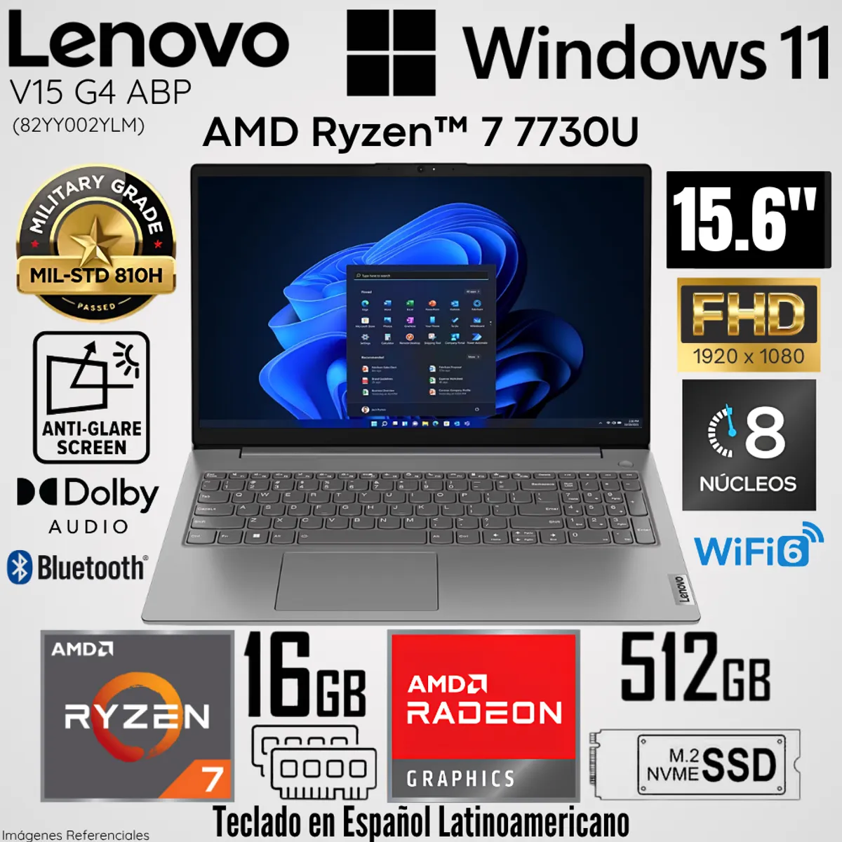 LENOVO - Laptop Lenovo V15 G4 ABP AMD Ryzen 7 7730U 16GB RAM 512GB SSD 15.6"  FHD Iron Grey