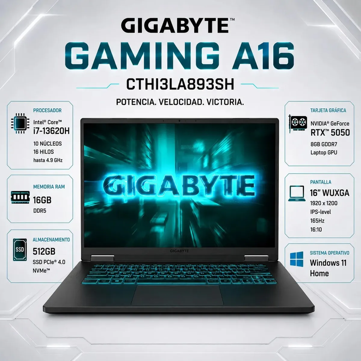 GIGABYTE - Laptop Gamer Gigabyte Gaming A16 i7-13620H 16GB DDR5 512GB SSD RTX 5050 8GB 16" FHD+ CTHI3LA893SH
