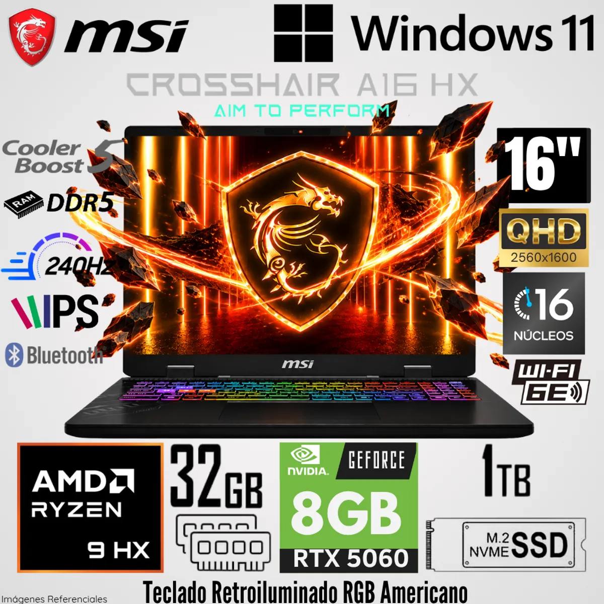 Msi - Laptop MSI Crosshair A16 HX D8WFKG AMD Ryzen 9 8940HX 32GB RAM 1TB SSD RTX 5060-8GB 16"  QHD+ 240Hz