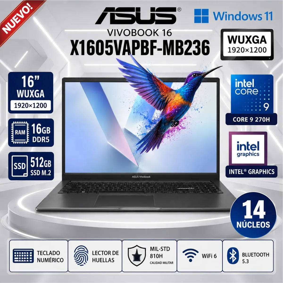 ASUS - Laptop ASUS Vivobook 16 Intel Core 9 270H 16GB DDR5 512GB SSD 16" WUXGA Win11 X1605VAPBF-MB236