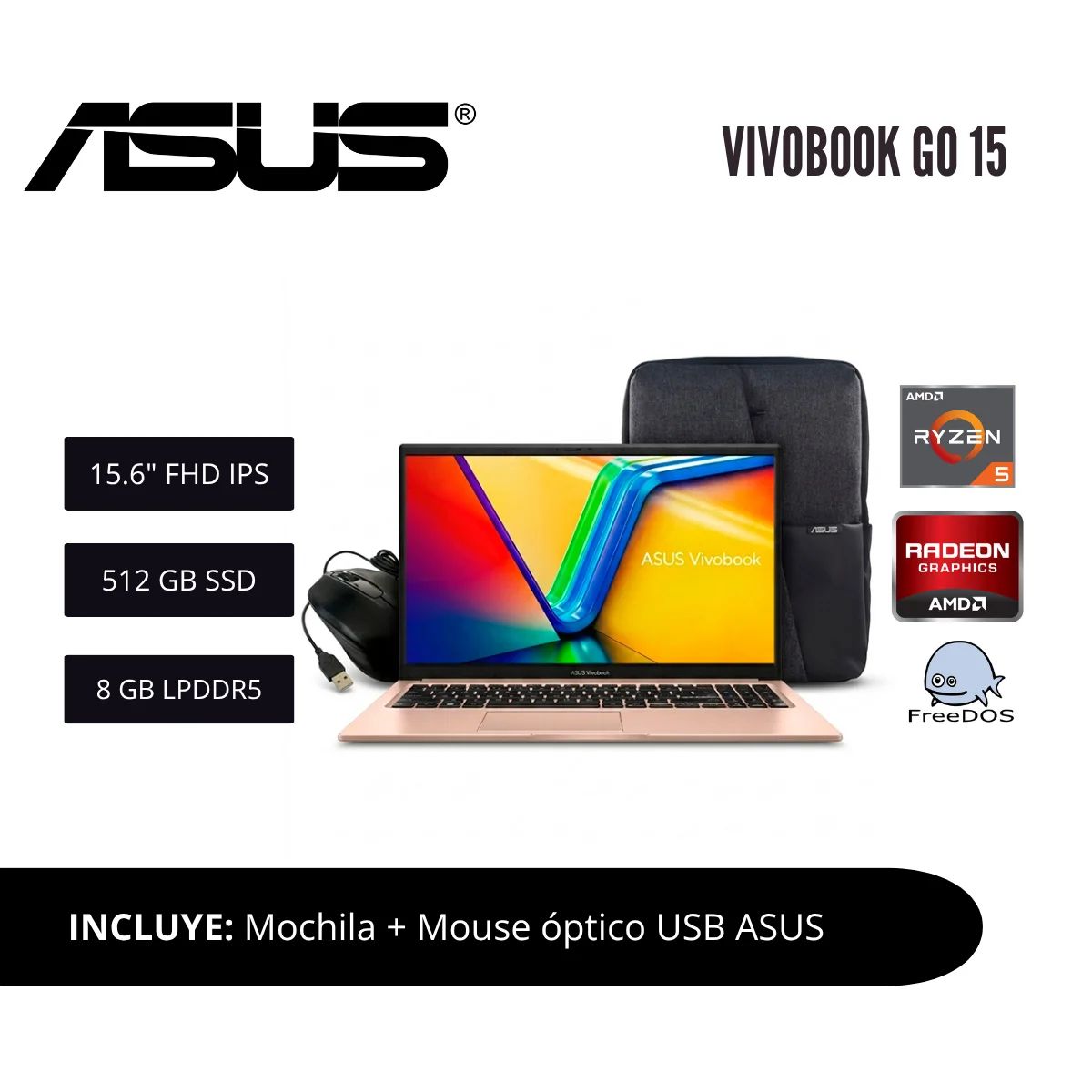 ASUS - LAPTOP ASUS VIVOBOOK GO 15 15.6 FHD IPS RYZEN 5 8GB LPDDR5 512GB SSD ROSE PINK