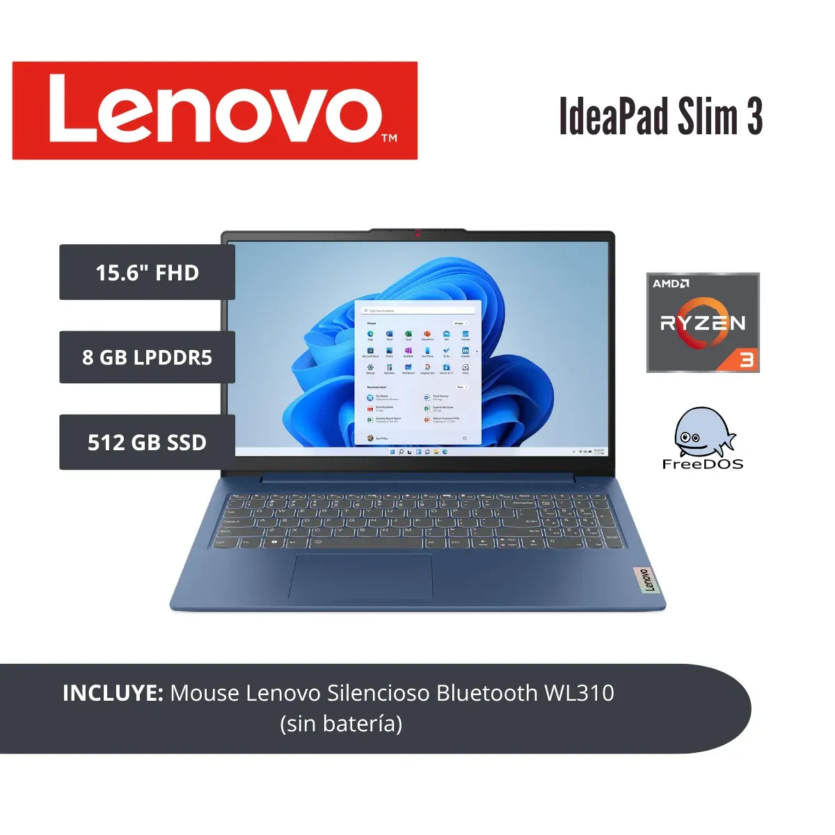 LENOVO - LAPTOP LENOVO IDEAPAD SLIM 3 15.6 FHD TN RYZEN 3 7320U 8GB LPDDR5 512GB SSD