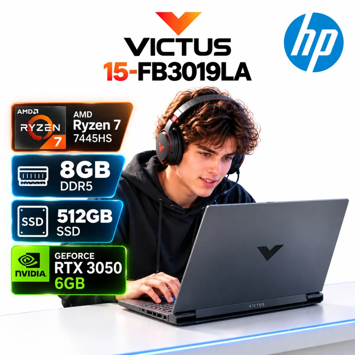 HP - HP Victus 15-FB3019LA Gaming Ryzen 7- 7445HS 8GB RAM 512GB SSD RT3050  15.6" FHD IPS W11
