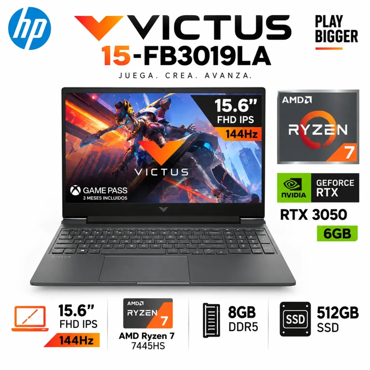 HP - HP Victus 15-FB3019LA Gaming Ryzen 7- 7445HS 8GB RAM 512GB SSD RT3050  15.6" FHD IPS W11