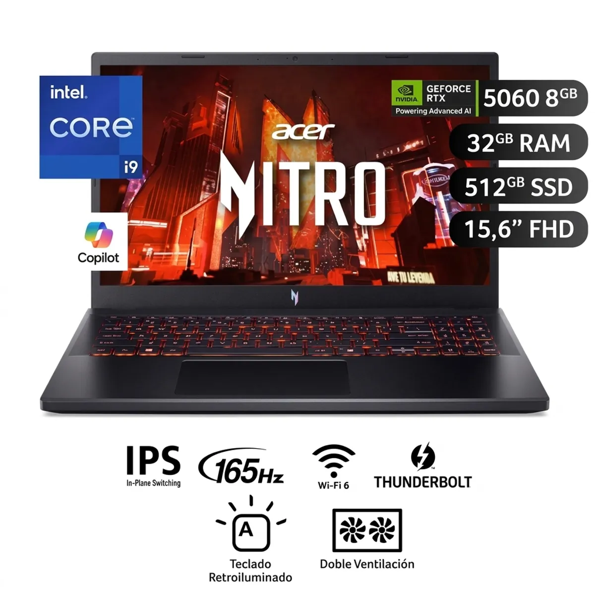 ACER - Laptop Gamer Acer Nitro Intel Core i9 13900H RTX5060-8GB 32GB 512SSD 15.6FHD Win11