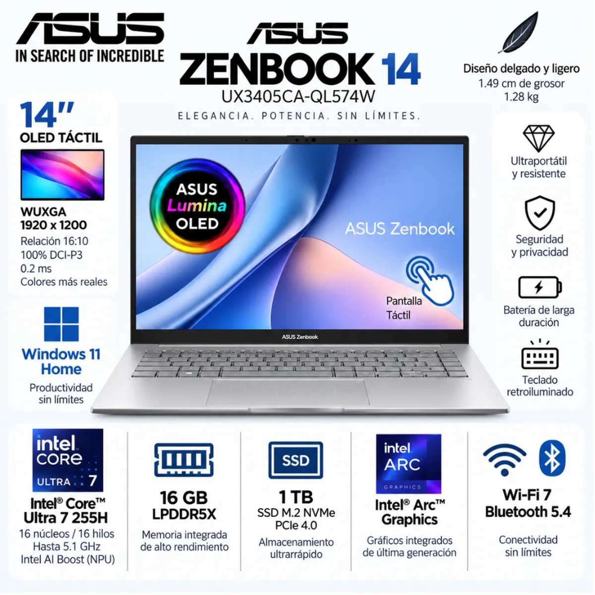 ASUS - Laptop ASUS Zenbook Intel Core Ultra 7 RAM 16 GB SSD 1 TB 14" WUXGA OLED W11 UX3405CA-QL574W