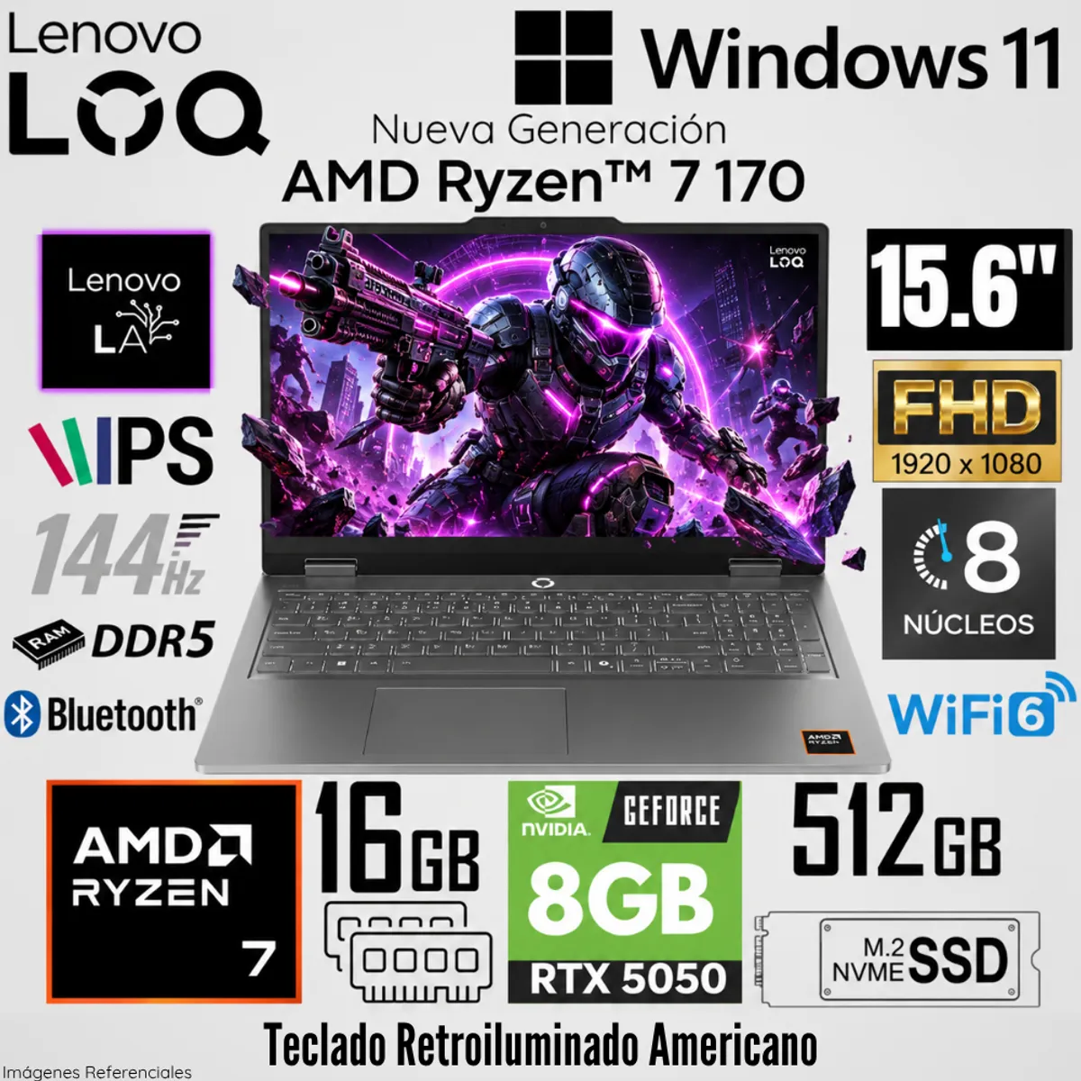 LENOVO - Laptop Lenovo LOQ Essential 15ARP11 AMD Ryzen 7 170 16GB RAM 512GB SSD RTX 5050-8GB 15.6"  FHD 144 H