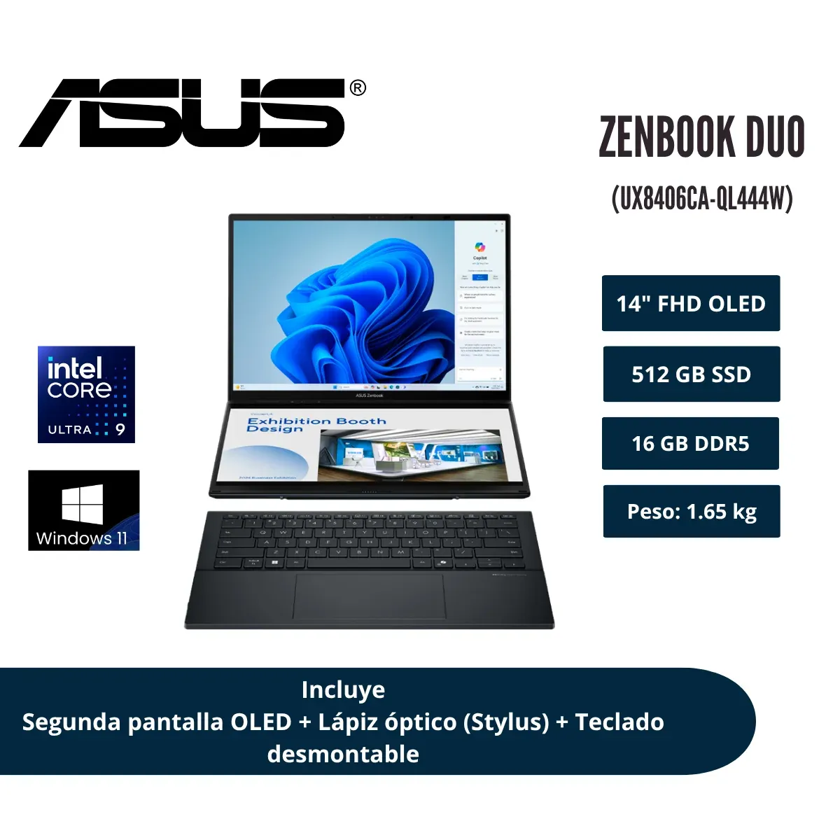 ASUS - LAPTOP ASUS ZENBOOK DUO 14 FHD OLED TÁCTIL DUAL SCREEN CORE ULTRA 9 285H 16GB LPDDR5X 512GB SSD