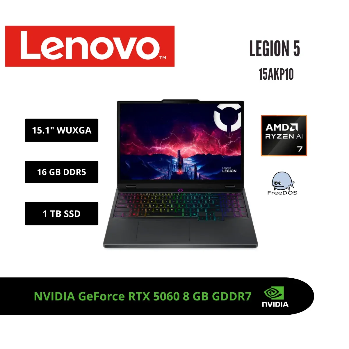 LENOVO - LAPTOP LENOVO LEGION 5 15.1 WQXGA OLED 165HZ RYZEN AI 7 350 RTX 5060 8GB 16GB DDR5 1TB SSD