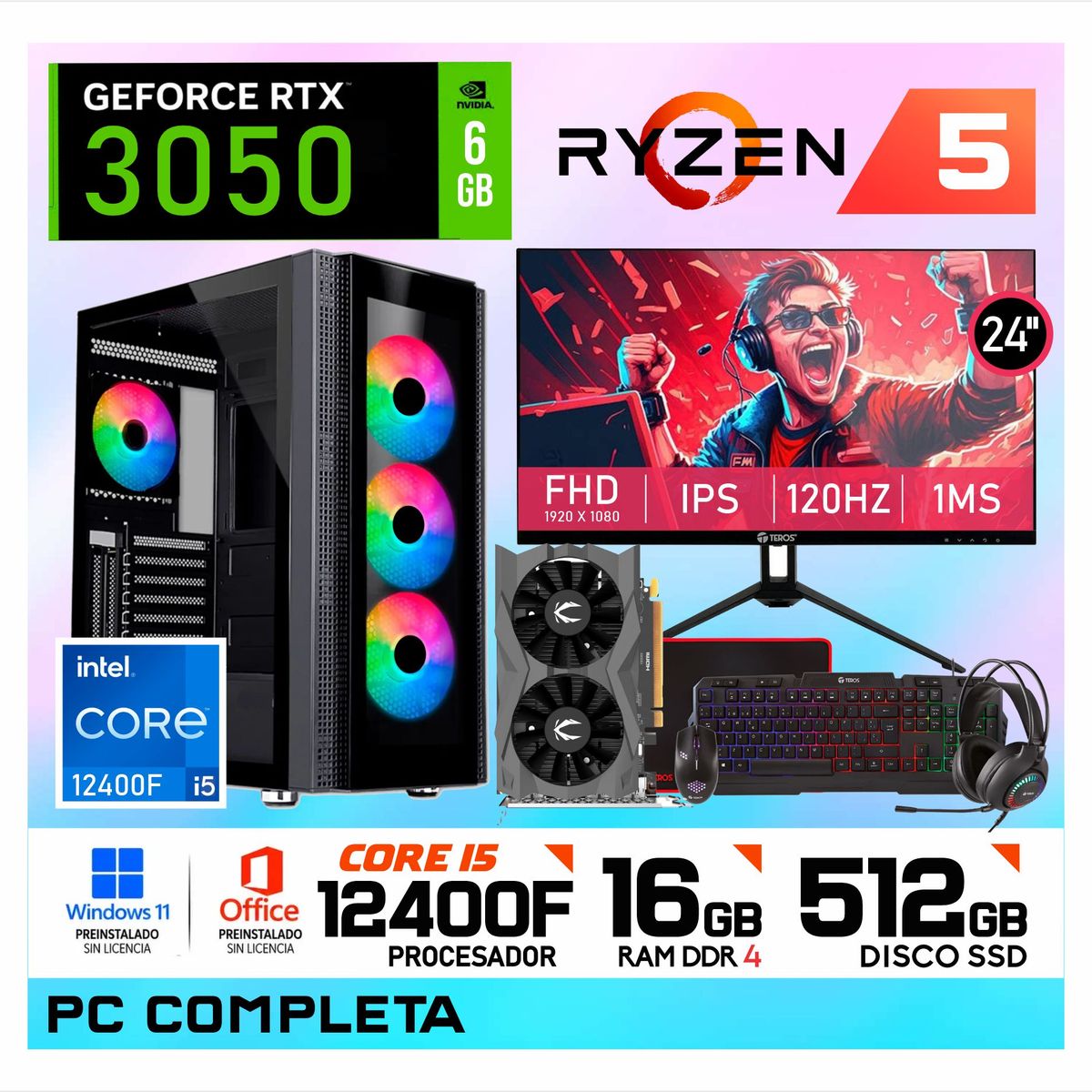 NVIDIA - PC Gamer Intel Core i5 12400F | 16GB RAM | SSD 512GB | RTX 3050 6GB | Monitor 24" FHD + Kit Gamer