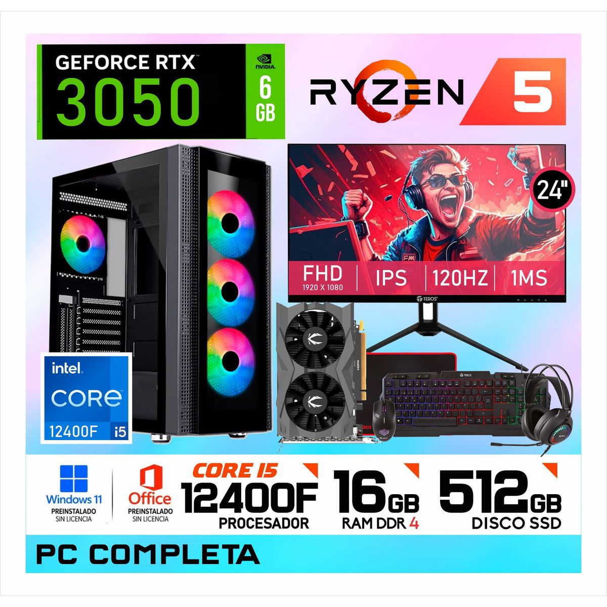 NVIDIA - PC Gamer Intel Core i5 12400F | 16GB RAM | SSD 512GB | RTX 3050 6GB | Monitor 24" FHD + Kit Gamer