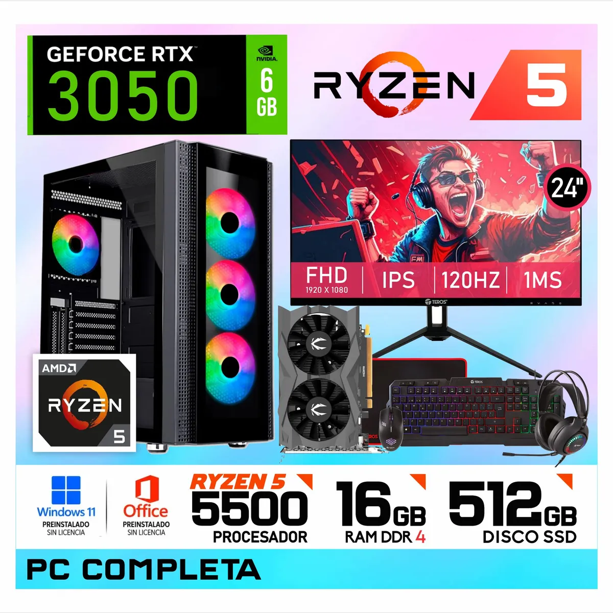 NVIDIA - PC Gamer Intel RYZEN 5 5500 | 16GB RAM | SSD 512GB | RTX 3050 | Monitor 24" FHD + Kit Gamer