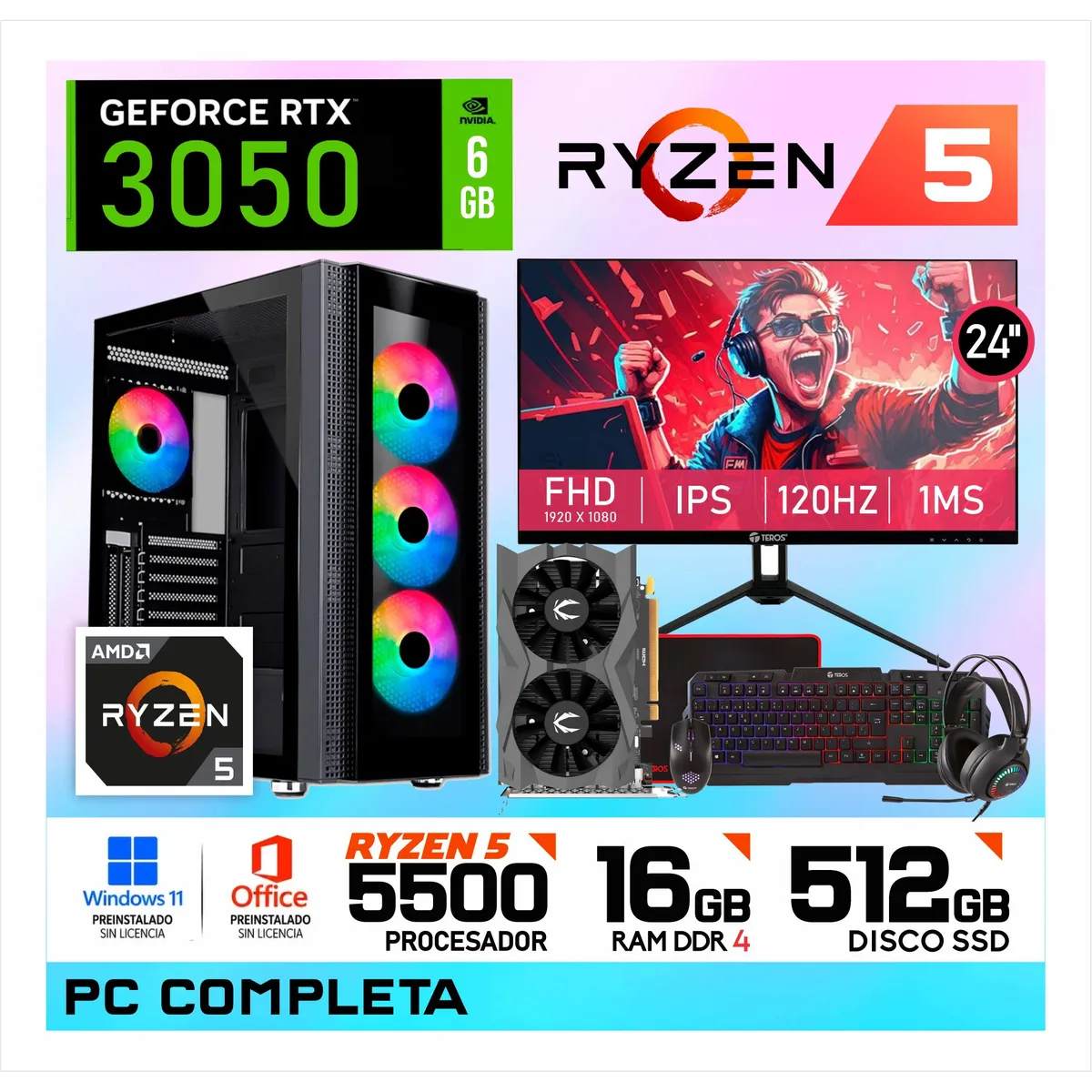 NVIDIA - PC Gamer Intel RYZEN 5 5500 | 16GB RAM | SSD 512GB | RTX 3050 | Monitor 24" FHD + Kit Gamer