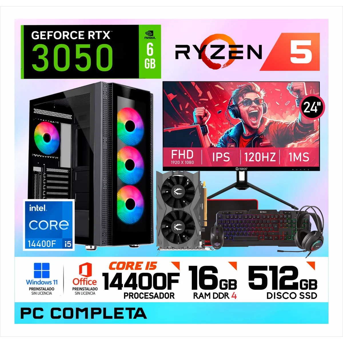 NVIDIA - PC Gamer Intel Core i5 14400F | 16GB RAM | SSD 512GB | RTX 3050 6GB | Monitor 24" FHD + Kit Gamer