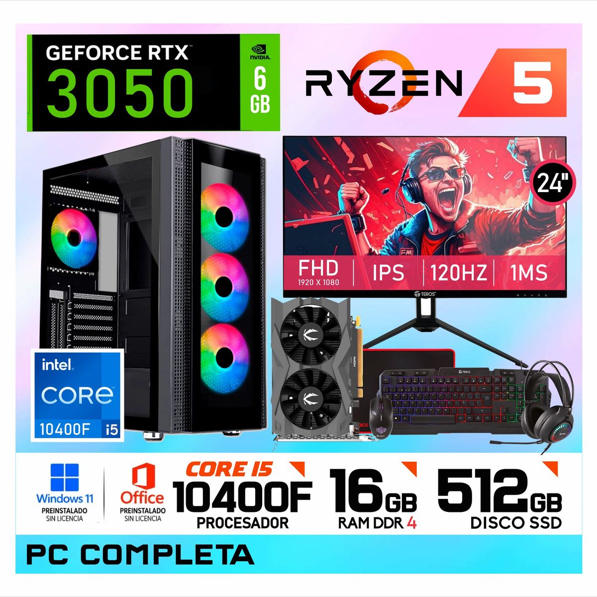 NVIDIA - PC Gamer Intel Core i5 10400F | 16GB RAM | SSD 512GB | RTX 3050 6GB | Monitor 24" FHD + Kit Gamer