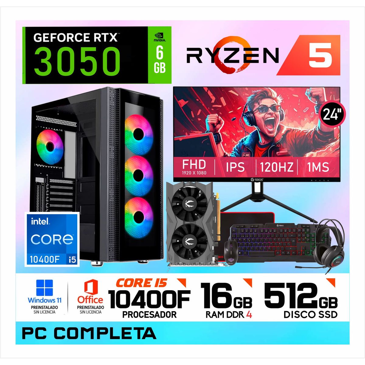 NVIDIA - PC Gamer Intel Core i5 10400F | 16GB RAM | SSD 512GB | RTX 3050 6GB | Monitor 24" FHD + Kit Gamer