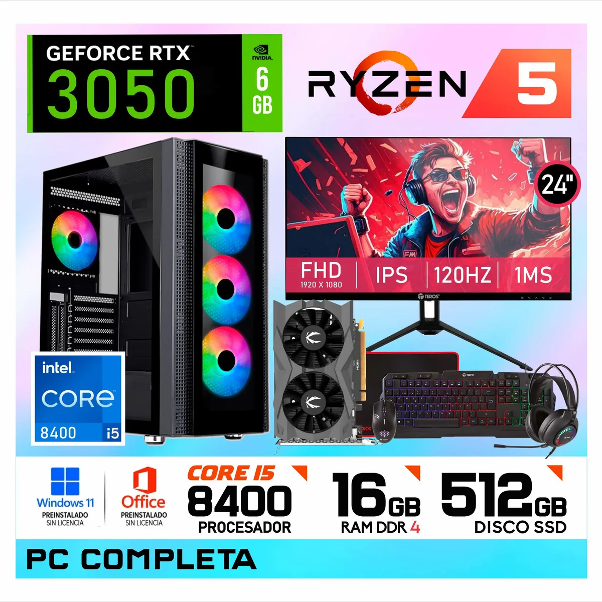 NVIDIA - PC Gamer Intel Core i5 8400 | 16GB RAM | SSD 512GB | RTX 3050 6GB | Monitor 24" FHD + Kit Gamer