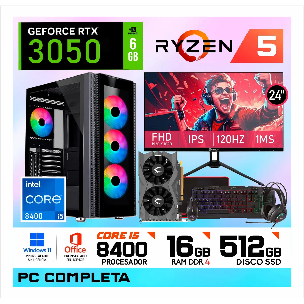 NVIDIA - PC Gamer Intel Core i5 8400 | 16GB RAM | SSD 512GB | RTX 3050 6GB | Monitor 24" FHD + Kit Gamer