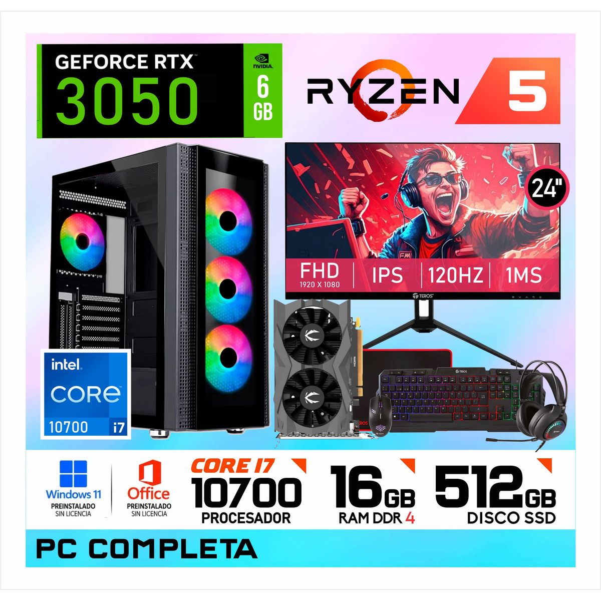 NVIDIA - PC Gamer Intel Core i7 10700 | 16GB RAM | SSD 512GB | RTX 3050 6GB | Monitor 24" FHD + Kit Gamer