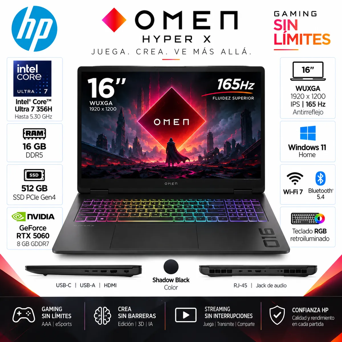 HP - Laptop HP OMEN Hyper X 16-AM2013DX Core Ultra 7 356H 16GB 512GB RTX 5060 16" 165Hz Win11