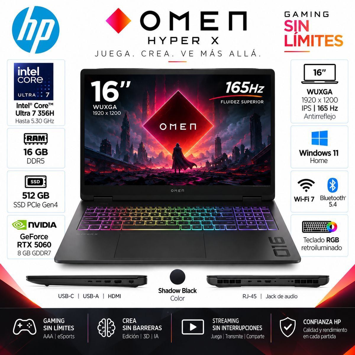 HP - Laptop HP OMEN Hyper X 16-AM2013DX Core Ultra 7 356H 16GB 512GB RTX 5060 16" 165Hz Win11