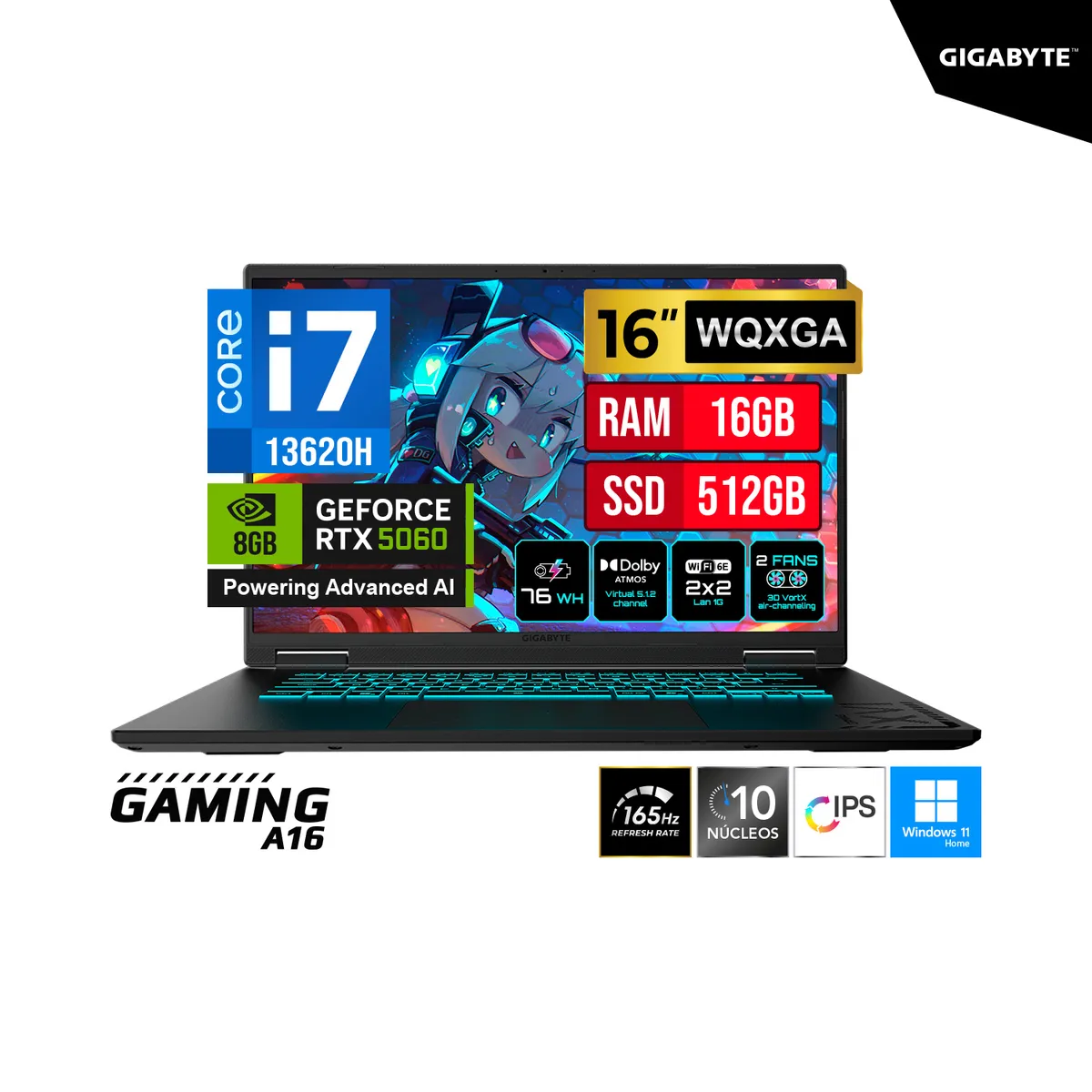 GIGABYTE - LAPTOP  GIGABYTE RPL-H I7-13620H  QHD 165Hz WQXGA  16GB DDR5  512GB RTX 5060 8GB W11