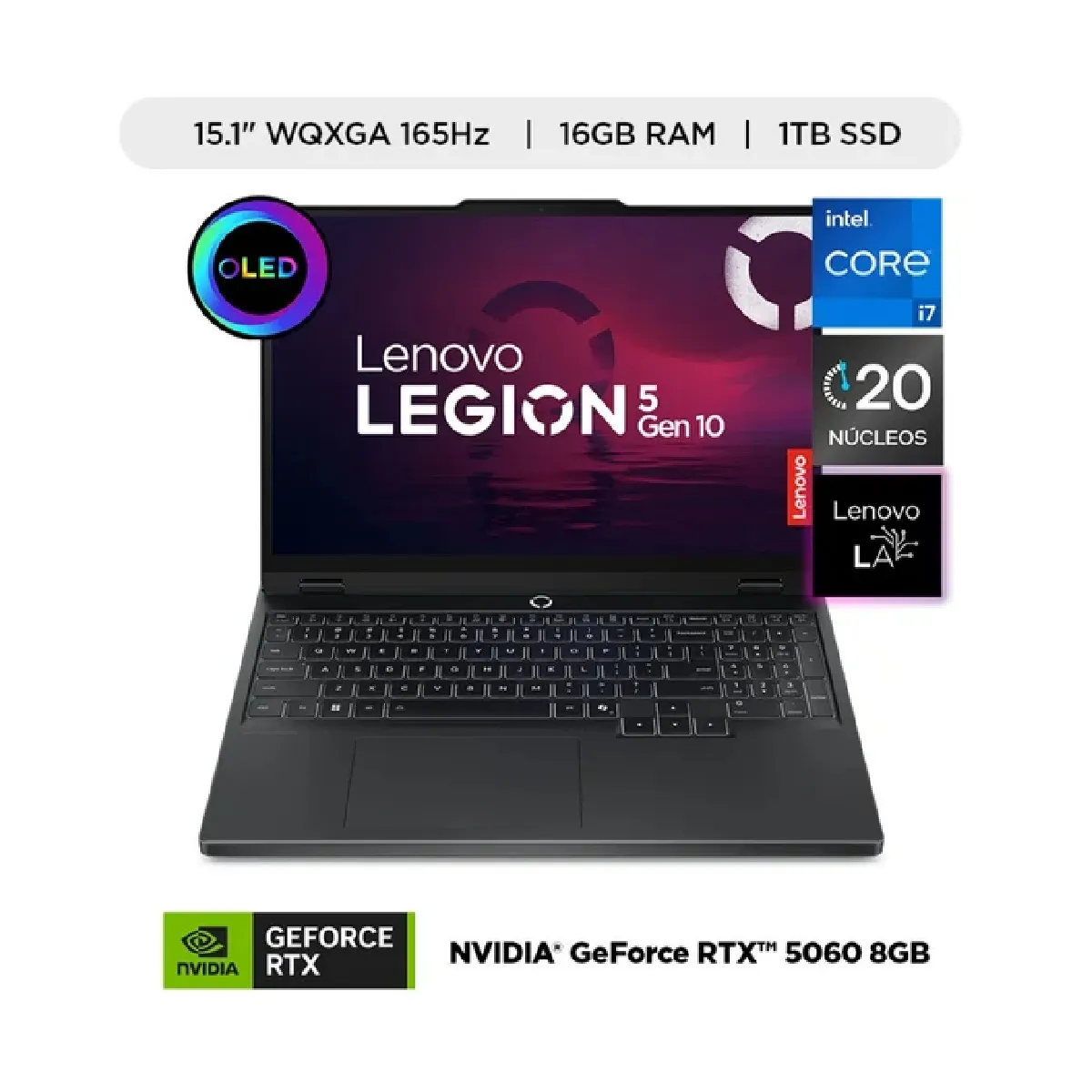 LENOVO - Laptop Lenovo Legion 5 15IRX10 15.1'' OLED, Intel I7-14700HX, 16GB DDR5, 1TB SSD, RTX 5060 8GB, Windows 11