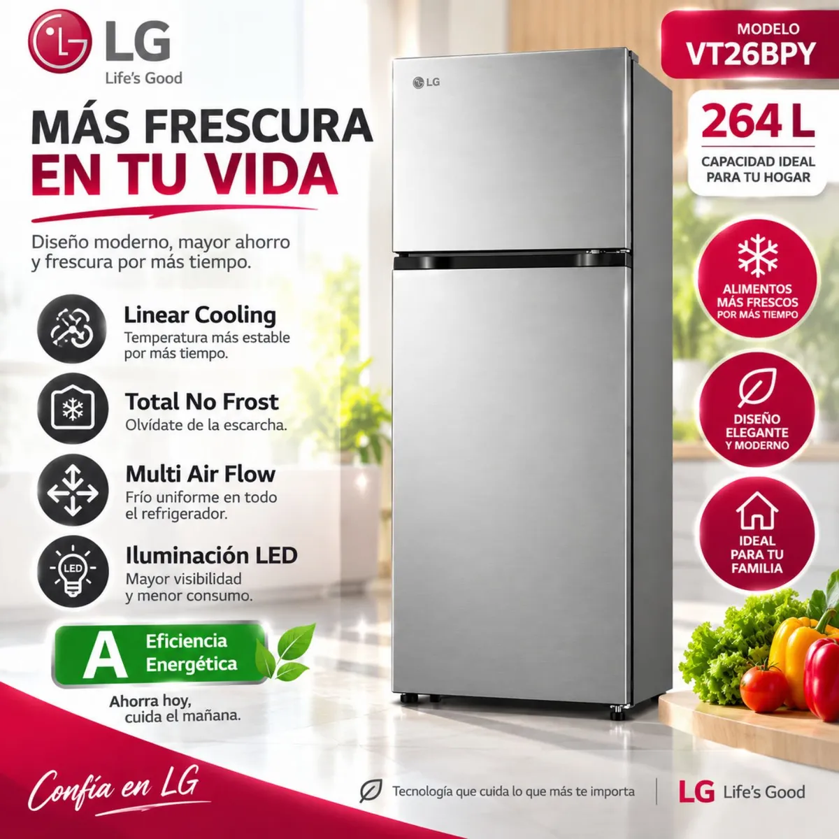 LG - Refrigeradora LG 264 LT No frost VT26BPY Plateada