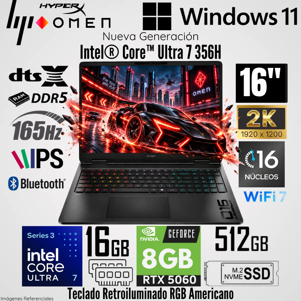 HP - Laptop HP HyperX OMEM 16-AM2013 Intel Core Ultra 7 356H 16GB RAM 512GB SSD RTX 5060-8GB 16"  2K 165Hz