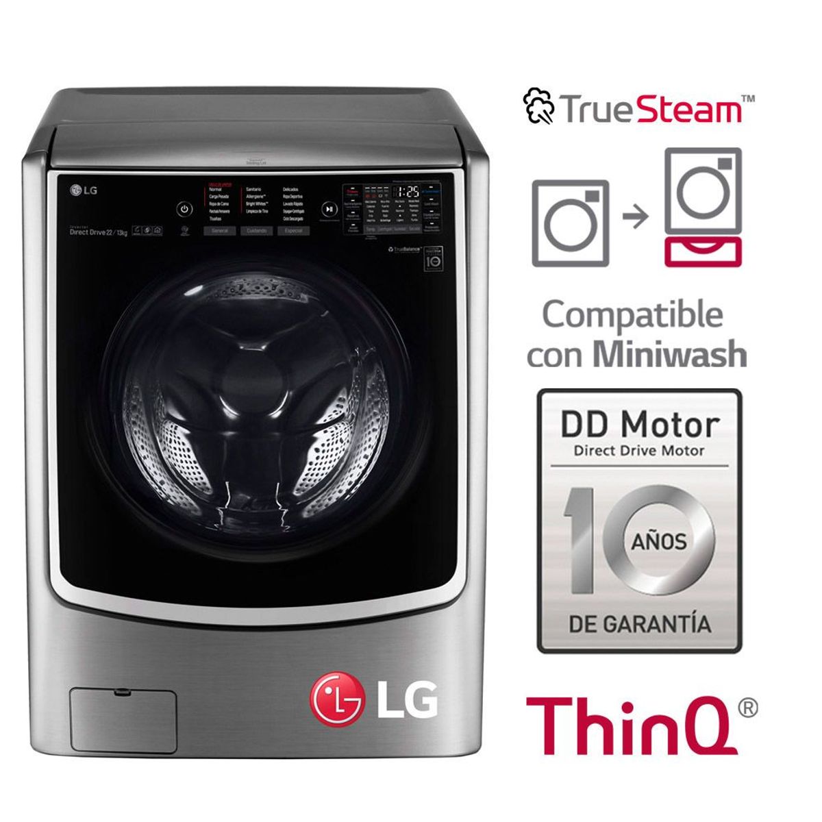 LG - Lavaseca 22/13 Kg LG Carga Frontal con Steam Lavado a vapor F2213VRDSTT Plata inoxidable