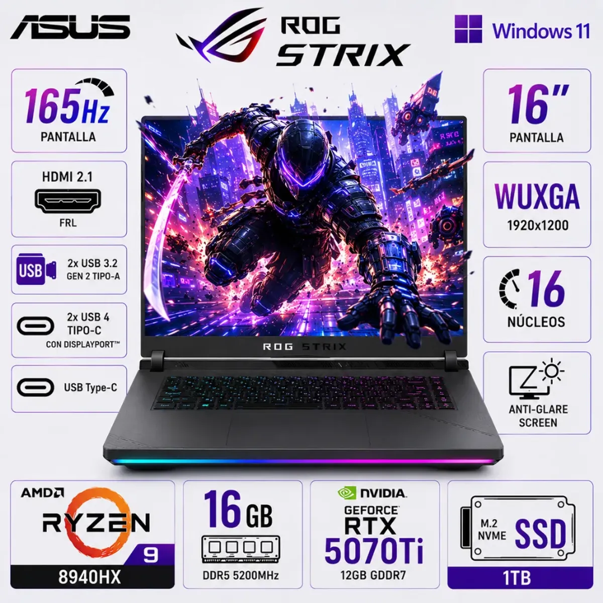 ASUS - Laptop Gamer ASUS ROG Strix G16 16", Ryzen 9 8940HX, 16GB RAM, 1TB SSD, RTX 5070 Ti 12GB, Windows 11